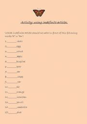 English Worksheet: indefinite articles