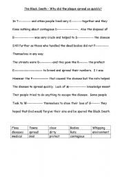 English worksheet: The Black Death - Why did it spread so quickly? Word Cloze worksheet SEN