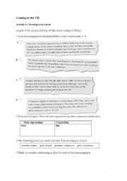 English Worksheet: Coming to the Uk 