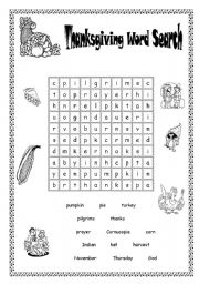 English Worksheet: Thanksgiving word search