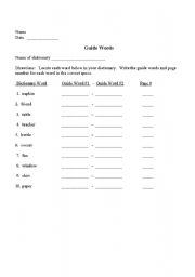 English worksheet: Dictionary Guide Word Practice