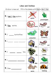 English Worksheet: Likes and Dislikes (Insects)