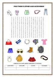 English Worksheet: Clothes and accessories wordsearch