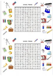 English Worksheet: school things word search