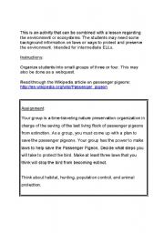 English Worksheet: Species Preservation Activity - Passenger Pigeon