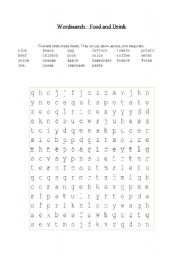 English worksheet: Wordsearch - Food and Drink