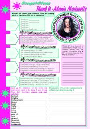 English Worksheet: Songs4Class: Thank U � Alanis Morissette (listening, vocabulary, abbreviations, giving suggestions, -ing after prepositions, prepositions practice) [9 tasks] KEYS INCLUDED ((3 pages)) ***editable
