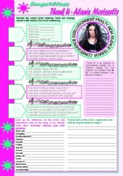 English Worksheet: Songs4Class: Thank U  Alanis Morissette (listening, vocabulary, abbreviations, giving suggestions, -ing after prepositions, prepositions practice) [9 tasks] KEYS INCLUDED ((3 pages)) ***editable