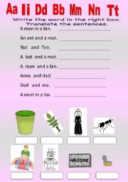 English Worksheet: first sentences with the sounds a.i.d.b.m.n.t