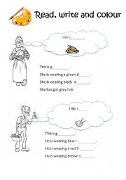 English Worksheet: Read write and colour - colours, clothes, family members & food part 1