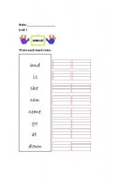 English worksheet: Sight Words Writing Practice