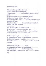 English worksheet: I believe my heart