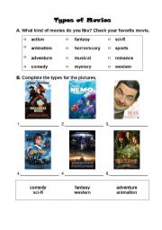 English Worksheet: types of moives