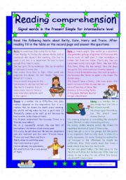 English Worksheet: Reading comprehension * signal words in the Present Simple Tense* for intermediate level * 2 pages * 3 tasks * key is included * fully editable