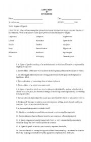 English worksheet: test on figures of speech, conjunctions, etc