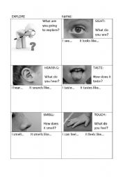 English worksheet: Explore! - a five senses writing prompt