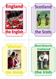 THE UK FLASHCARDS 4 - NATIONALITIES and ICONS, 2 pages, 8 flashcards