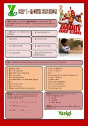 English Worksheet: Movie Session - DADDY DAY CARE (Daily Routine/Greeting & Saying Goodbye/Spelling Words)