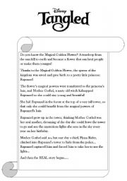 English Worksheet: tangled, reading comprehension. 