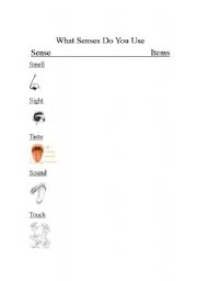 English worksheet: What senses do you use?