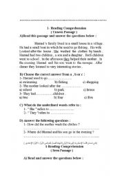 English Worksheet: Grade 7 Reading Comprehension