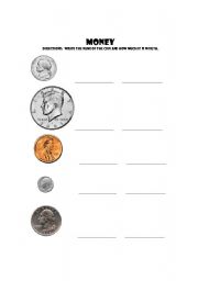 English Worksheet: Identifying Coins and Their Value