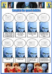 Megamind and 7 activities (3 pages) -Key included.(4 Elementary and intermediate students)