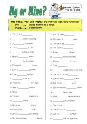English Worksheet: MY or MINE