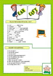 English Worksheet: can cant