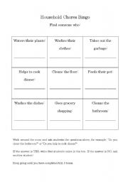 English Worksheet: Household Chores Bingo