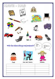 English Worksheet: HAVE - HAS (for children or beginners), basic vocabulary (1 page)