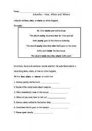 English worksheet: Adverbs : How, When and Where