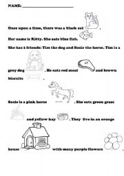 English Worksheet: A cat named Kitty- very short story with objects to colour