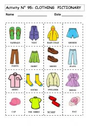 English Worksheet: No 95  CLOTHING PICTIONARY