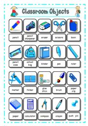 English Worksheet: SCHOOL SUPPLIES - CLASSROOM OBJECTS (1) - Pictionary