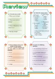 English Worksheet: Dates, genitive case, abilities and present continuous review