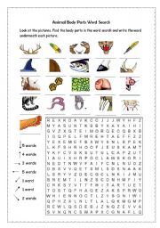 Animal body parts word search