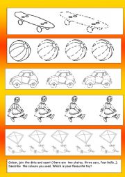 English Worksheet: TOYS- JOIN THE DOTS, COLOUR, COUNT, PRONOUNCE THEIR NAMES.