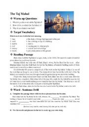 English Worksheet: Places of Interest - the Taj Mahal - reading