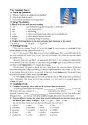 a piece of reading on the topic of the Leaning tower of Pisa. Exercises on vocabulary, language use and writing