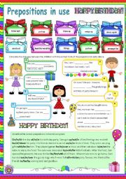 English Worksheet: Prepositions in use (2) Birthday Party (Fully editable)