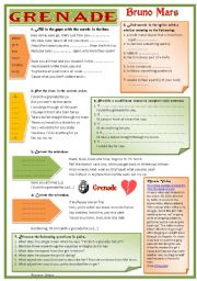 English Worksheet: (song) Grenade - Bruno Mars (B&W copy + Answer Key)