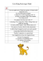 English Worksheet: Lion King themed Englisg Scavenger HUnt