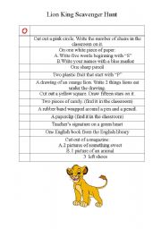 Lion King themed Englisg Scavenger HUnt