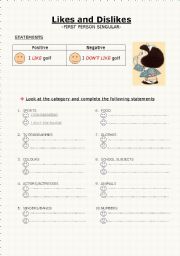 English Worksheet: likes and dislikes