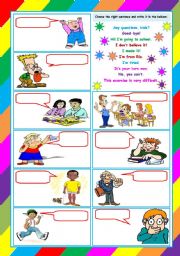 English Worksheet: What are they saying?  written and oral review activity [3 tasks] KEYS INCLUDED ((4 pages)) ***editable