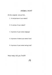 English Worksheet: Animal Internet Scavenger Hunt