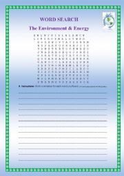 English Worksheet: Word Search: The Environment and Energy  and solution. 