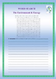 English worksheet: Word Search: The Environment and Energy  and solution. 