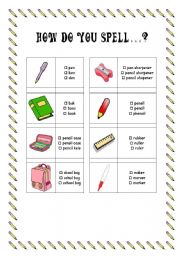 English worksheet: school objects - spelling